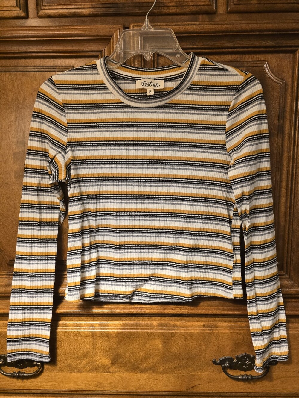 Listicle Striped Ribbed Long-Sleeve Top in White, Black & Mustard